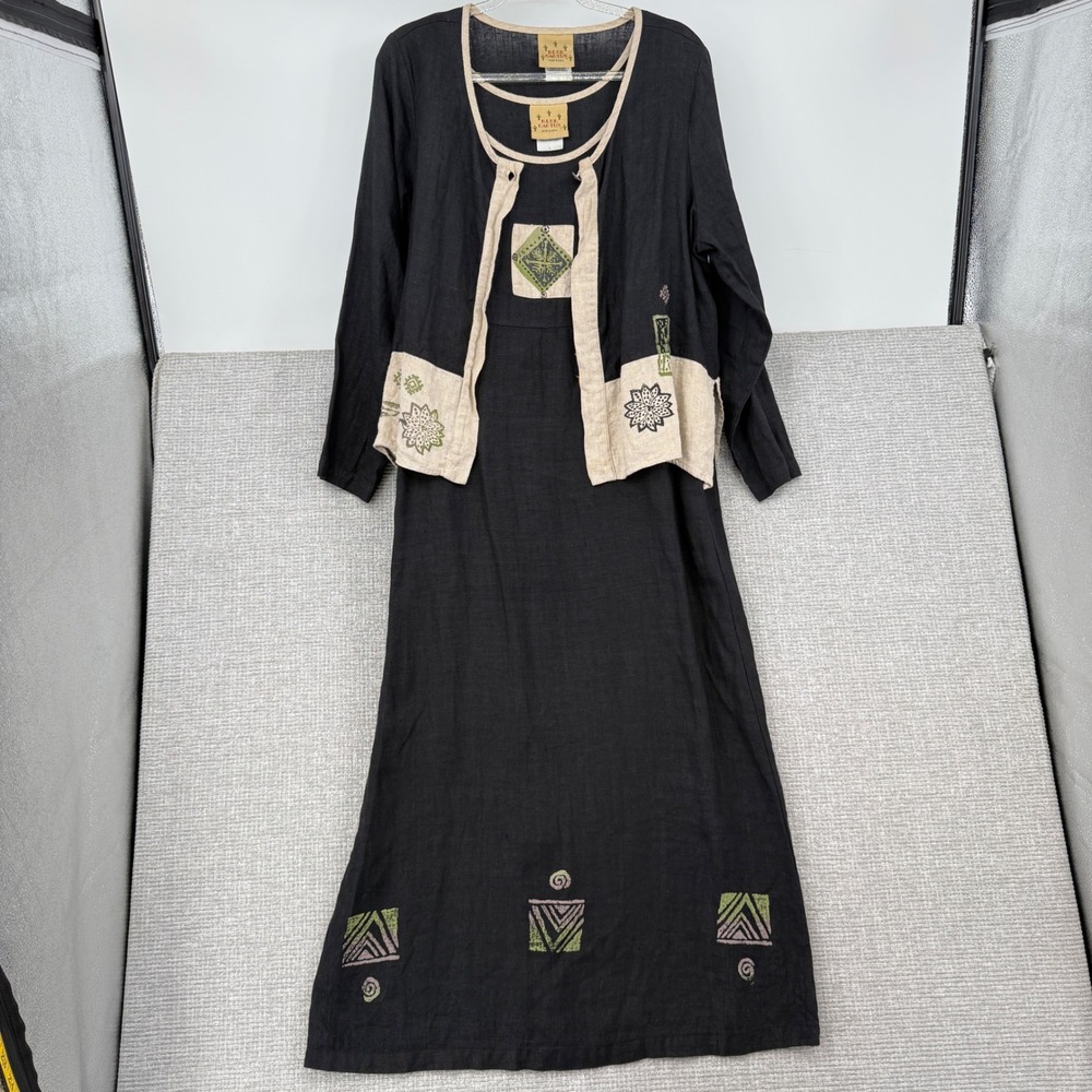 Blue Cactus Linen Dress & Jacket Women L Black Tan Block Print Boho Made in USA